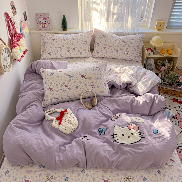 91家纺网 家纺一手货源 找家纺 花伞家居 2025新款毛巾绣印花双层纱四件套（提供买家秀） 可爱猫