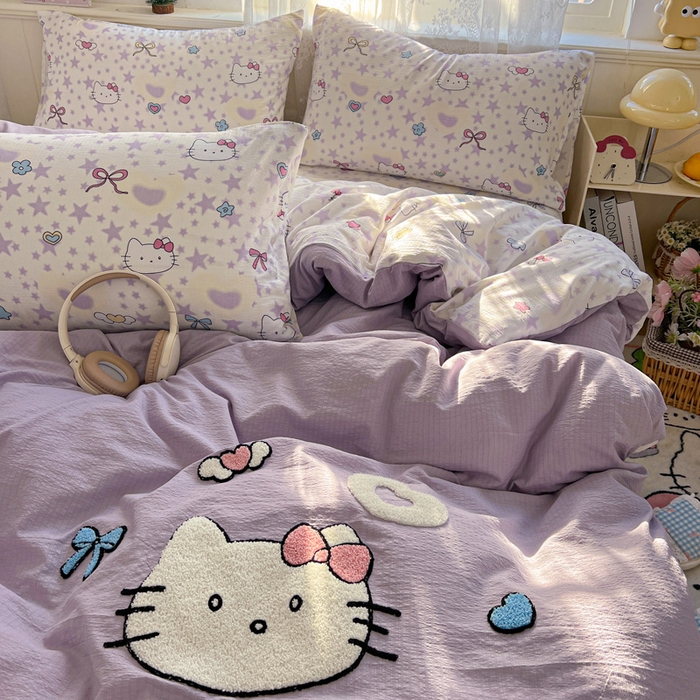 91家纺网 家纺一手货源 找家纺 花伞家居 2025新款毛巾绣印花双层纱四件套（提供买家秀） 可爱猫