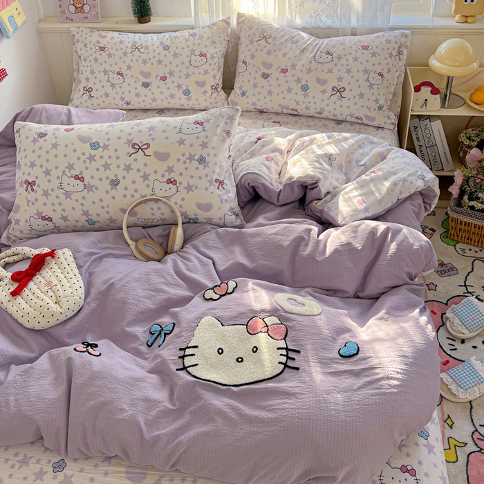 91家纺网 家纺一手货源 找家纺 花伞家居 2025新款毛巾绣印花双层纱四件套（提供买家秀） 可爱猫