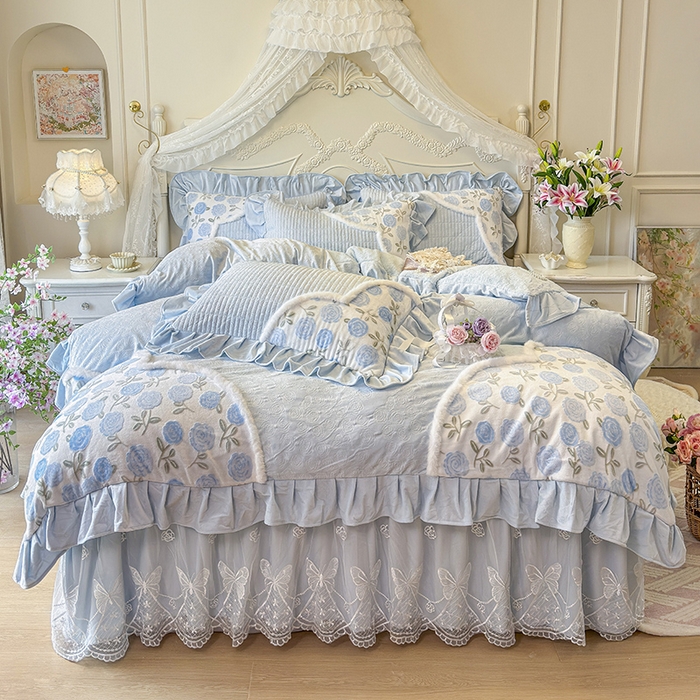 宜凡家纺 2025新款婴儿绒压花撞色双拼夹棉床裙四件套 床裙款-予花