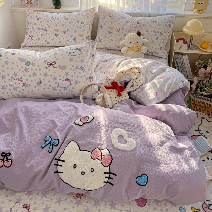 91家纺网 家纺一手货源 找家纺 花伞家居 2025新款毛巾绣印花双层纱四件套（提供买家秀） 可爱猫