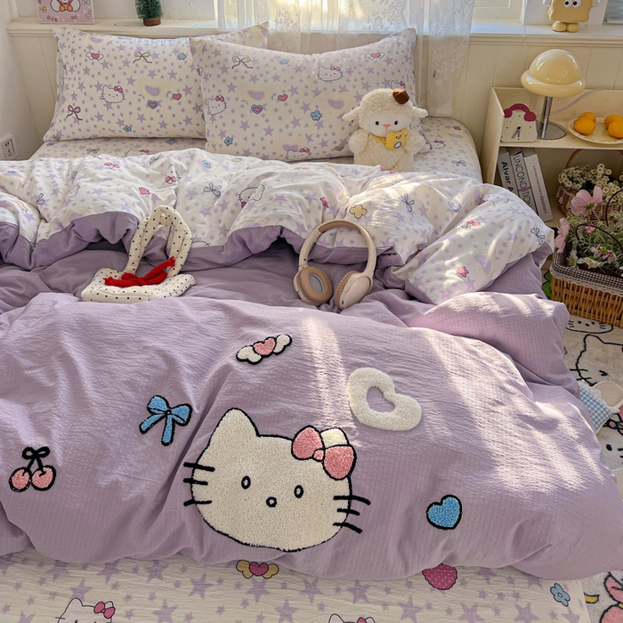 91家纺网 家纺一手货源 找家纺 花伞家居 2025新款毛巾绣印花双层纱四件套（提供买家秀） 可爱猫