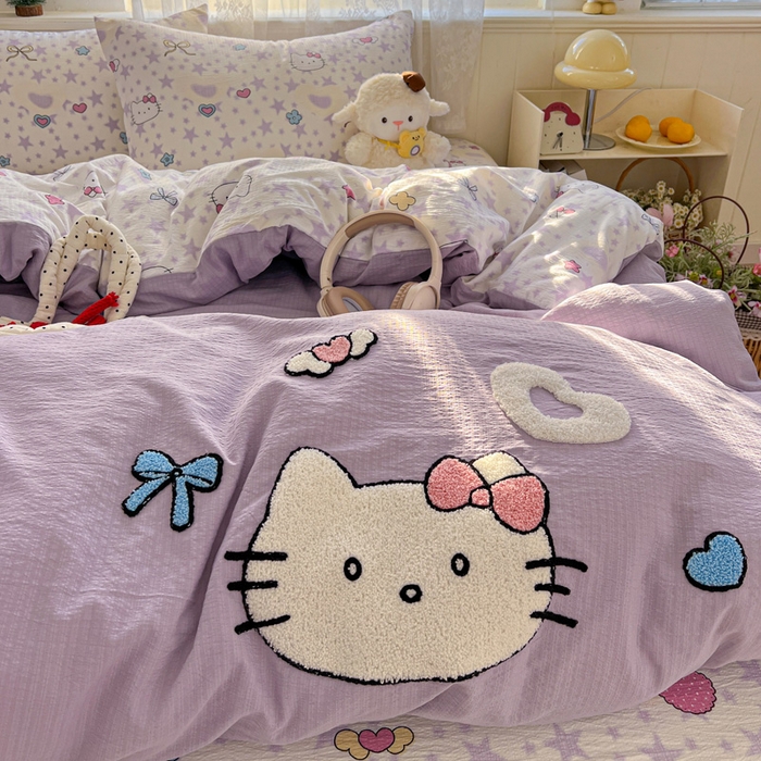 91家纺网 家纺一手货源 找家纺 花伞家居 2025新款毛巾绣印花双层纱四件套（提供买家秀） 可爱猫