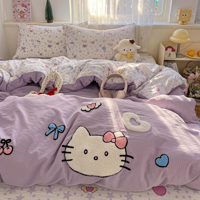 91家纺网 家纺一手货源 找家纺 花伞家居 2025新款毛巾绣印花双层纱四件套（提供买家秀） 可爱猫