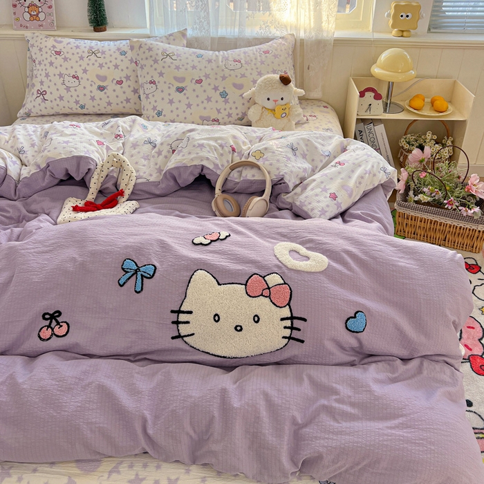 91家纺网 家纺一手货源 找家纺 花伞家居 2025新款毛巾绣印花双层纱四件套（提供买家秀） 可爱猫