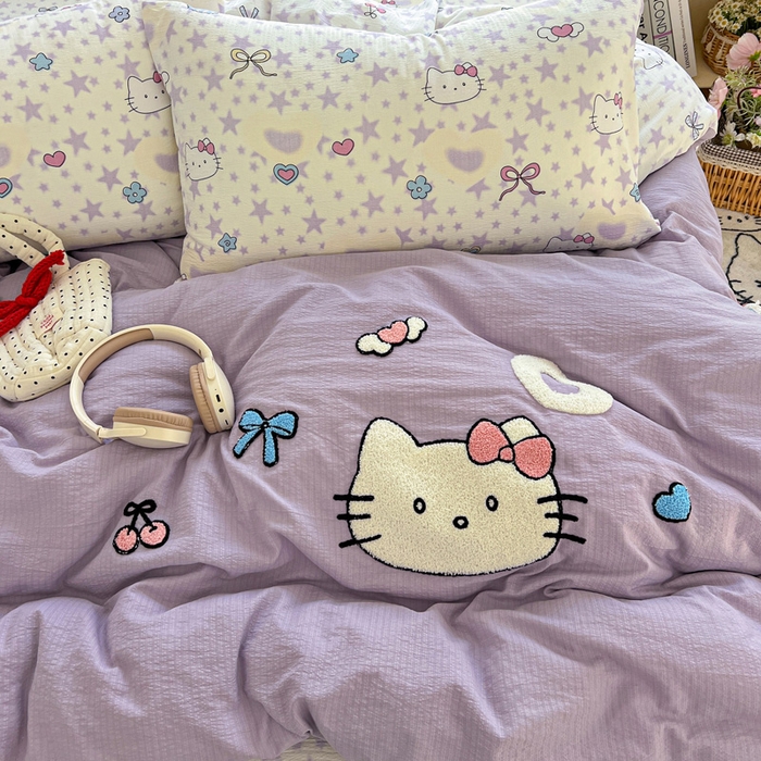 91家纺网 家纺一手货源 找家纺 花伞家居 2025新款毛巾绣印花双层纱四件套（提供买家秀） 可爱猫