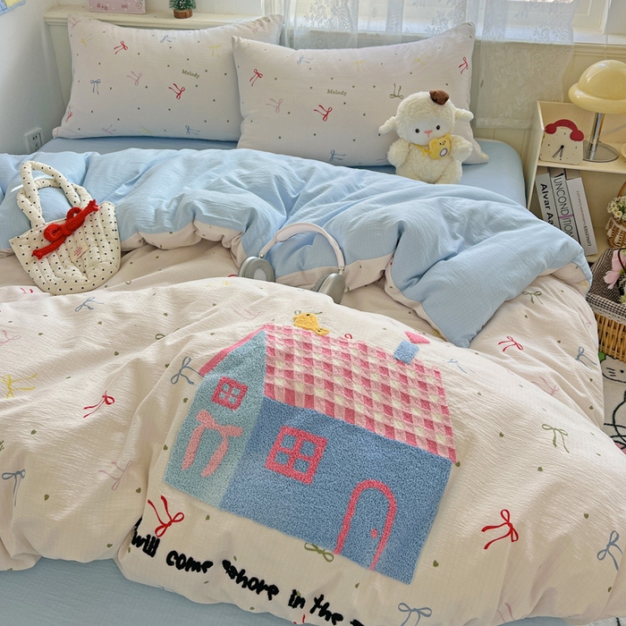 91家纺网 家纺一手货源 找家纺 花伞家居 2025新款毛巾绣印花双层纱四件套（提供买家秀） 幸福的家