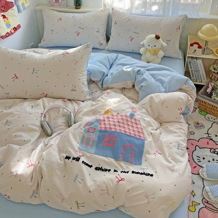 91家纺网 家纺一手货源 找家纺 花伞家居 2025新款毛巾绣印花双层纱四件套（提供买家秀） 幸福的家