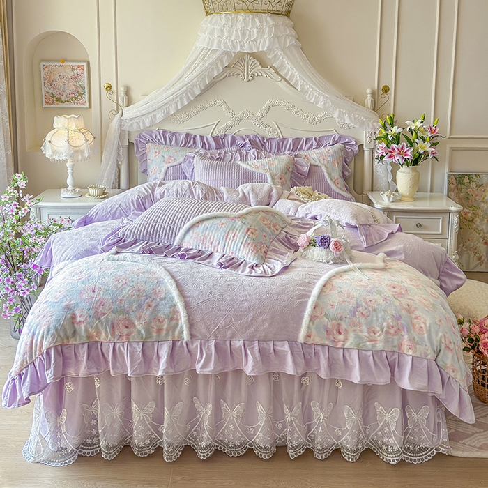 宜凡家纺 2025新款婴儿绒压花撞色双拼夹棉床裙四件套 床裙款-紫幸