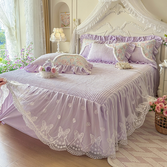 91家纺网 家纺一手货源 找家纺 宜凡家纺 2025新款婴儿绒压花撞色双拼夹棉床裙四件套 床裙款-紫幸