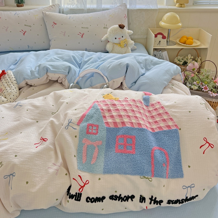 91家纺网 家纺一手货源 找家纺 花伞家居 2025新款毛巾绣印花双层纱四件套（提供买家秀） 幸福的家