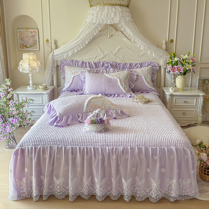 91家纺网 家纺一手货源 找家纺 宜凡家纺 2025新款婴儿绒压花撞色双拼夹棉床裙四件套 床裙款-紫幸