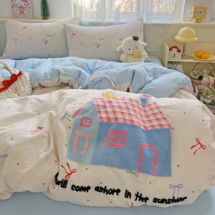 91家纺网 家纺一手货源 找家纺 花伞家居 2025新款毛巾绣印花双层纱四件套（提供买家秀） 幸福的家