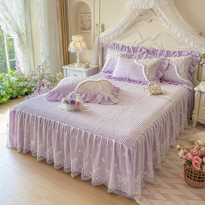 91家纺网 家纺一手货源 找家纺 宜凡家纺 2025新款婴儿绒压花撞色双拼夹棉床裙四件套 床裙款-紫幸