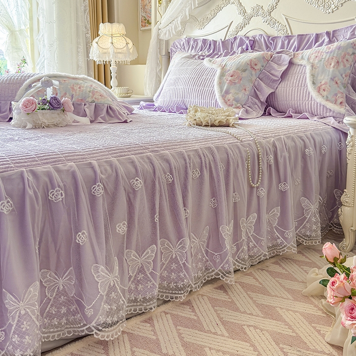 91家纺网 家纺一手货源 找家纺 宜凡家纺 2025新款婴儿绒压花撞色双拼夹棉床裙四件套 床裙款-紫幸