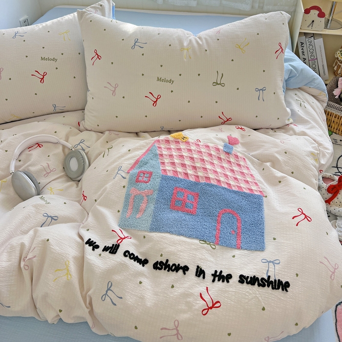 91家纺网 家纺一手货源 找家纺 花伞家居 2025新款毛巾绣印花双层纱四件套（提供买家秀） 幸福的家