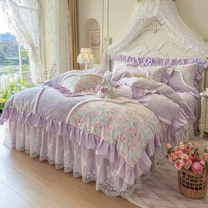 91家纺网 家纺一手货源 找家纺 宜凡家纺 2025新款婴儿绒压花撞色双拼夹棉床裙四件套 床裙款-紫幸