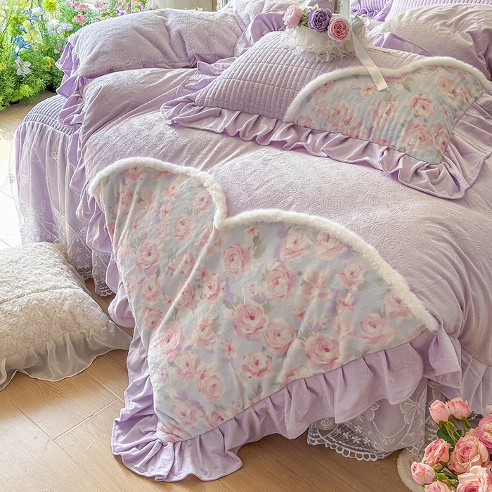 91家纺网 家纺一手货源 找家纺 宜凡家纺 2025新款婴儿绒压花撞色双拼夹棉床裙四件套 床裙款-紫幸