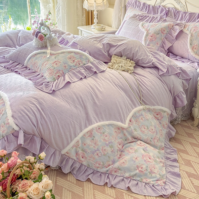 91家纺网 家纺一手货源 找家纺 宜凡家纺 2025新款婴儿绒压花撞色双拼夹棉床裙四件套 床裙款-紫幸