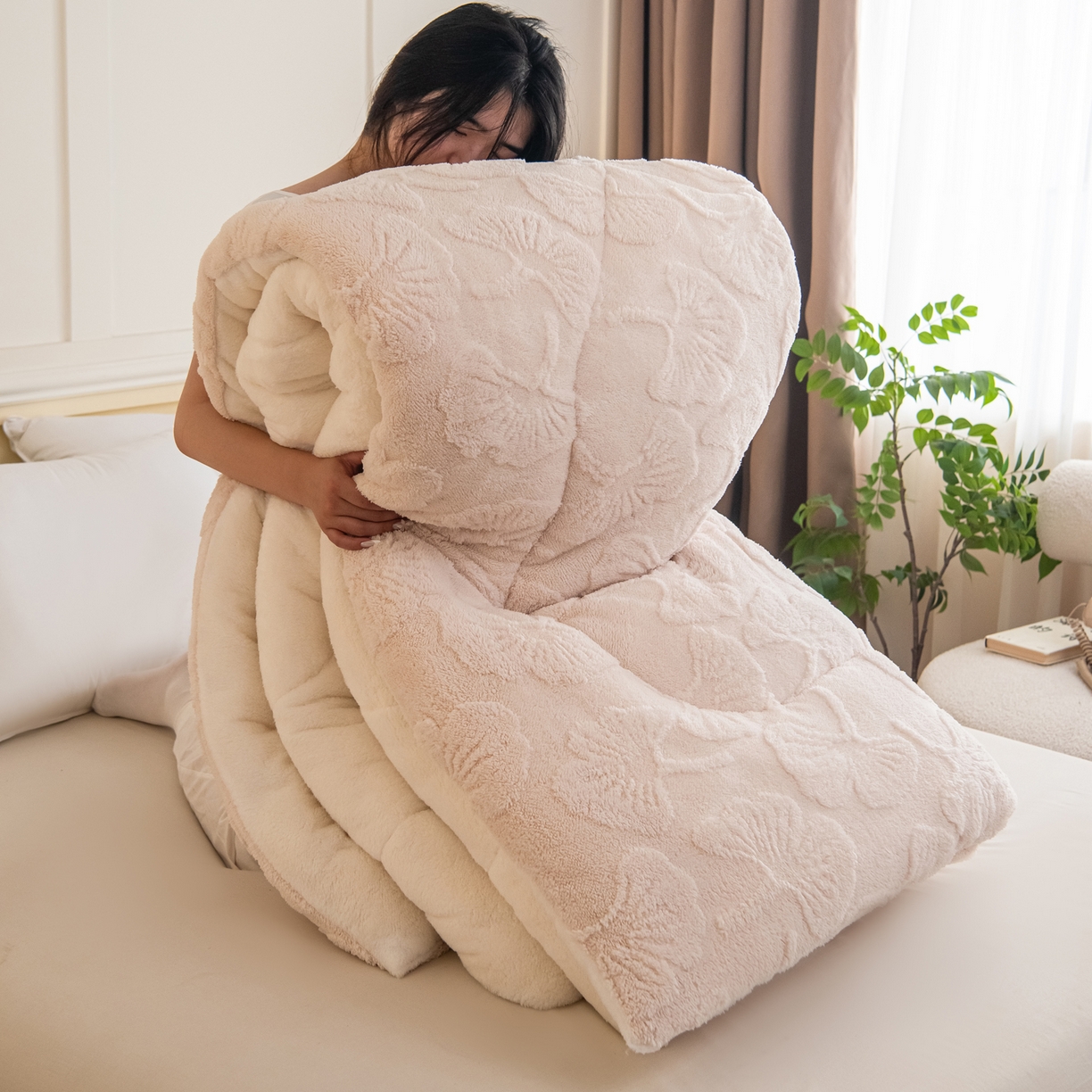 畅销被业 2025新款塔芙绒羊羔绒提花冬被子被芯-小银杏叶系列 小银杏叶-米白