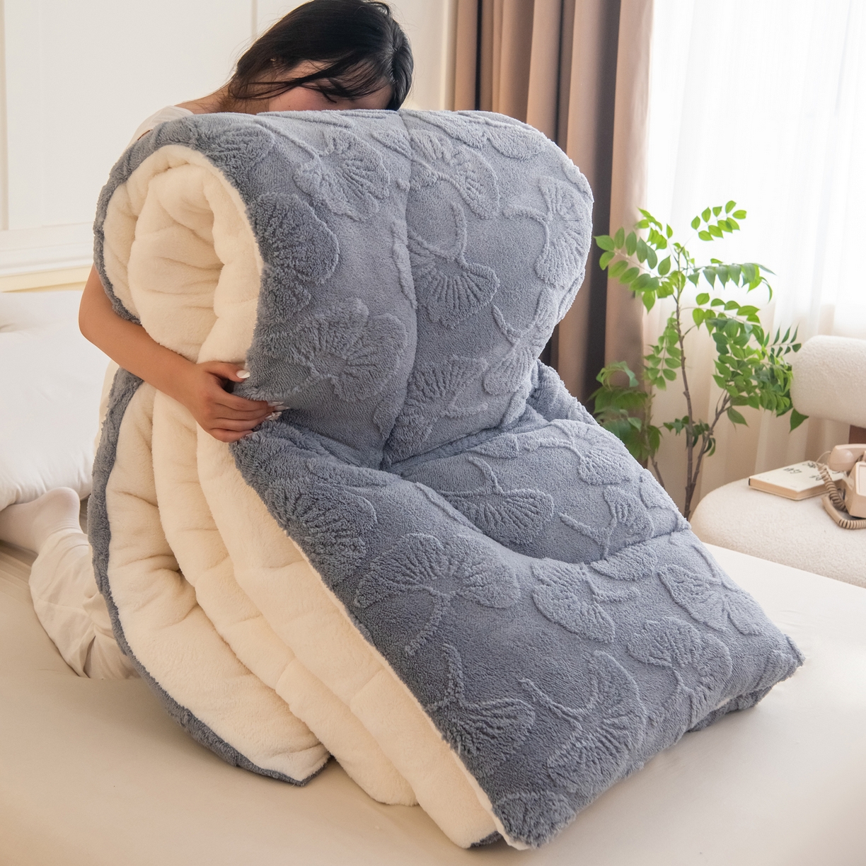 畅销被业 2025新款塔芙绒羊羔绒提花冬被子被芯-小银杏叶系列 小银杏叶-浅灰