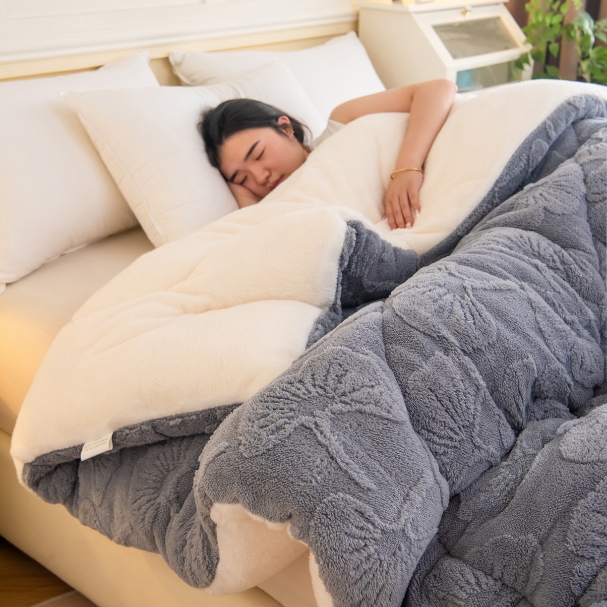 91家纺网 家纺一手货源 找家纺 畅销被业 2025新款塔芙绒羊羔绒提花冬被子被芯-小银杏叶系列 小银杏叶-浅灰