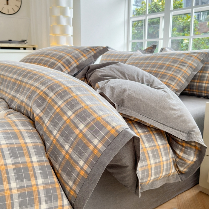 91家纺网 家纺一手货源 找家纺 宜家坊 2025新款A类全棉纯棉色织水洗棉宽边断角工艺四件套 可定制尺寸 小幸运-橙灰