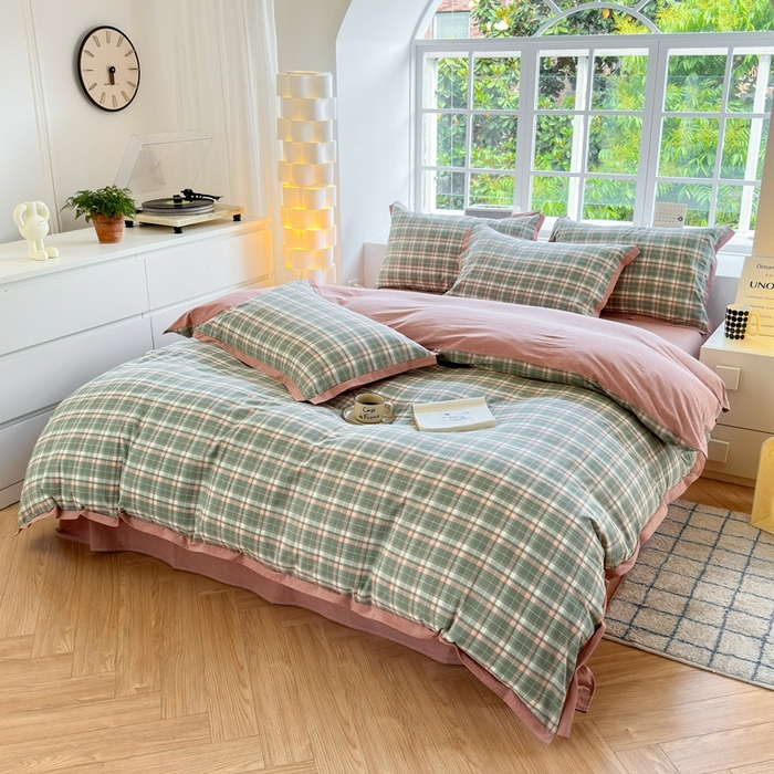 91家纺网 家纺一手货源 找家纺 宜家坊 2025新款A类全棉纯棉色织水洗棉宽边断角工艺四件套 可定制尺寸 小幸运-绿豆沙