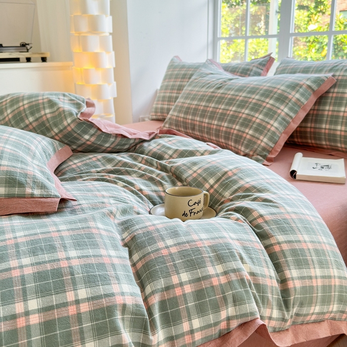 91家纺网 家纺一手货源 找家纺 宜家坊 2025新款A类全棉纯棉色织水洗棉宽边断角工艺四件套 可定制尺寸 小幸运-绿豆沙