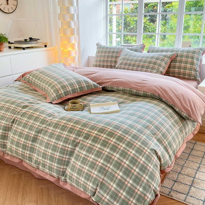 91家纺网 家纺一手货源 找家纺 宜家坊 2025新款A类全棉纯棉色织水洗棉宽边断角工艺四件套 可定制尺寸 小幸运-绿豆沙