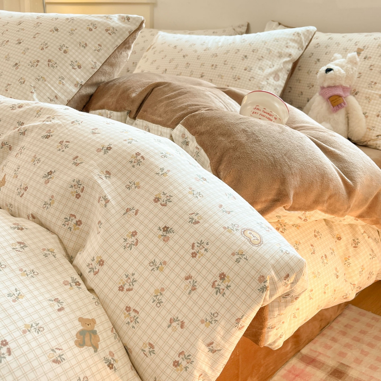 麦伦家居 2025秋冬新款多功能床品全棉+牛奶绒印花四件套 小熊时光