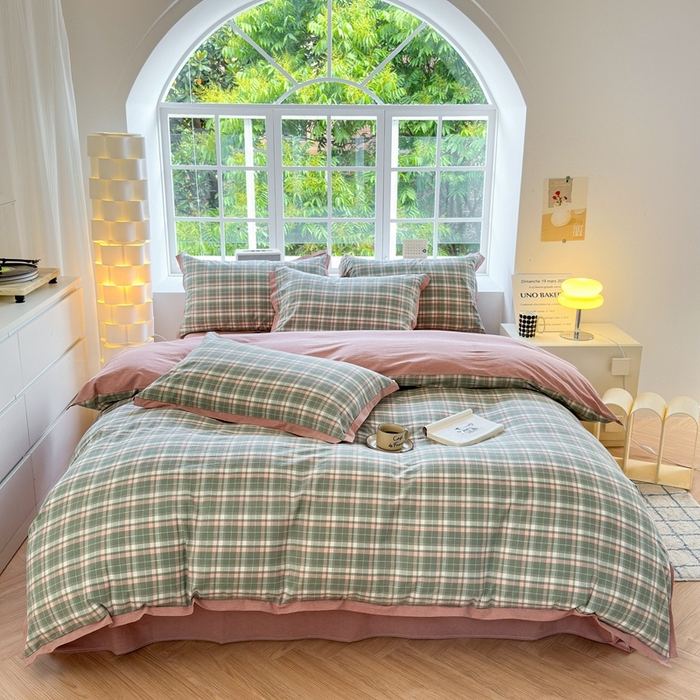 91家纺网 家纺一手货源 找家纺 宜家坊 2025新款A类全棉纯棉色织水洗棉宽边断角工艺四件套 可定制尺寸 小幸运-绿豆沙