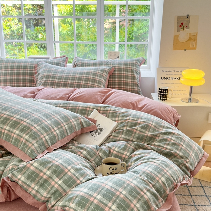 91家纺网 家纺一手货源 找家纺 宜家坊 2025新款A类全棉纯棉色织水洗棉宽边断角工艺四件套 可定制尺寸 小幸运-绿豆沙