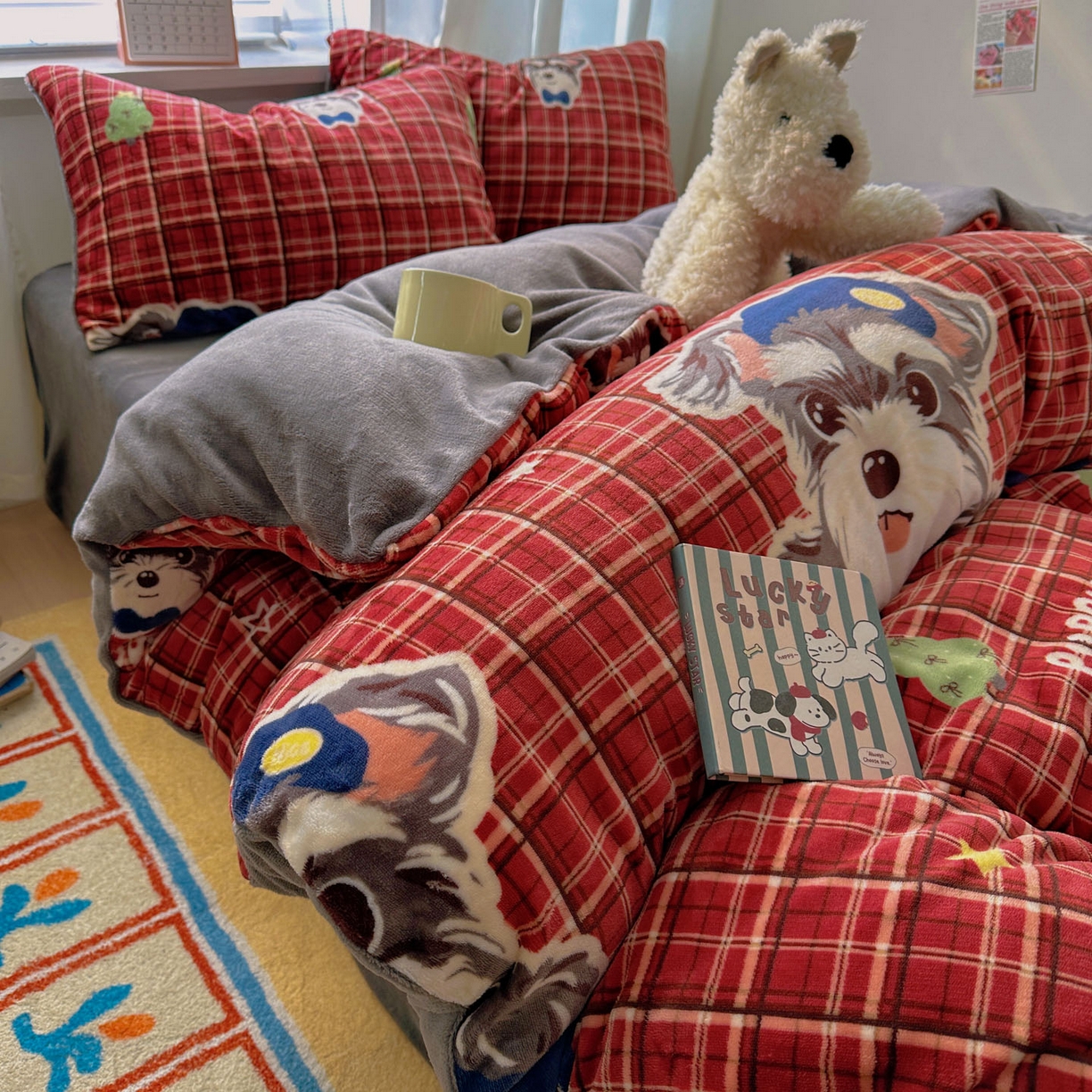 繁花家居 2025新款200克牛奶绒小清新卡通复古风三件套四件套 红格西高地