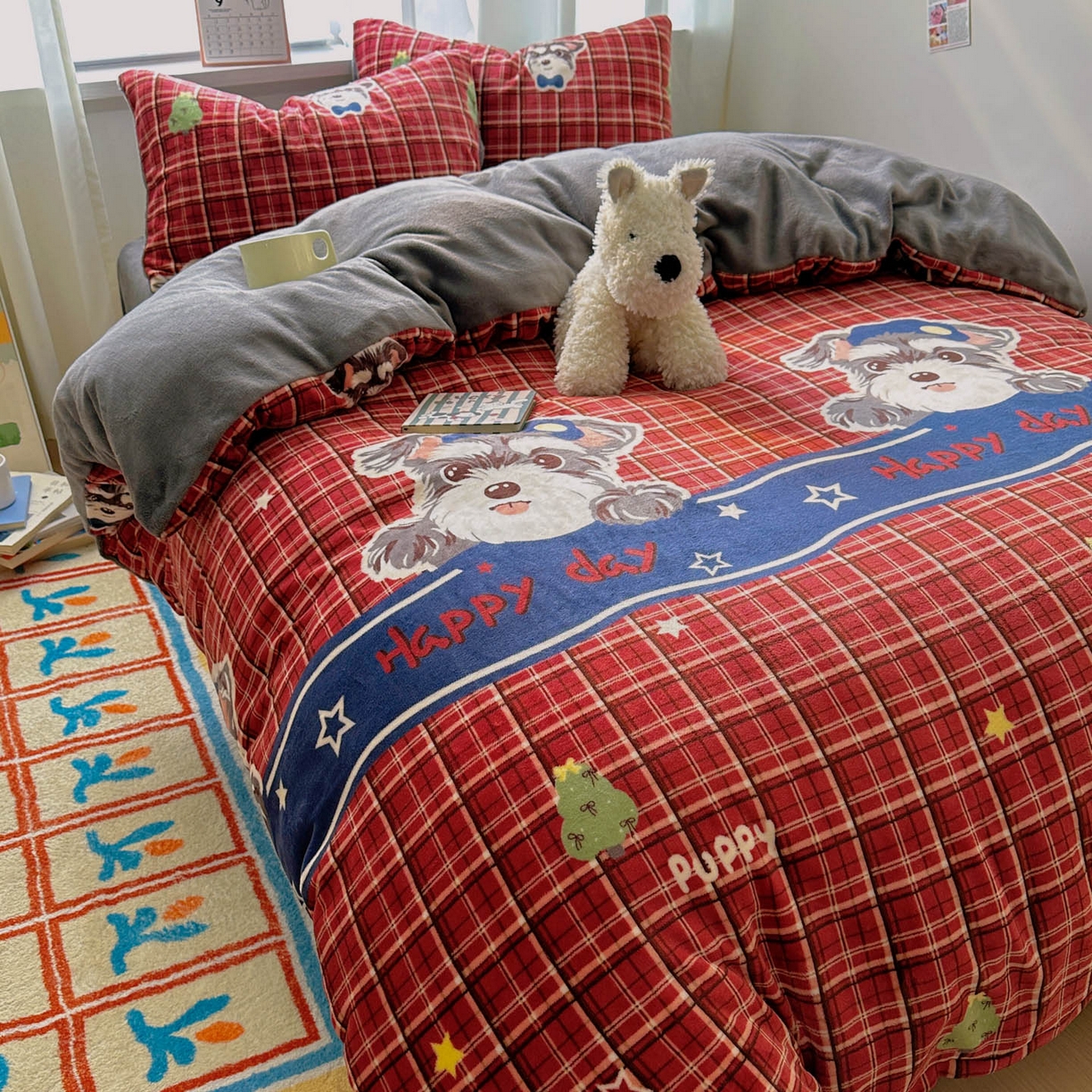 91家纺网 家纺一手货源 找家纺 繁花家居 2025新款200克牛奶绒小清新卡通复古风三件套四件套 红格西高地