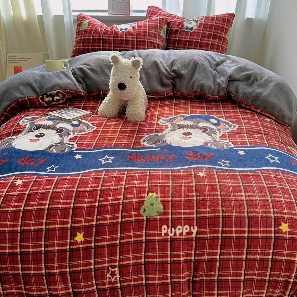 91家纺网 家纺一手货源 找家纺 繁花家居 2025新款200克牛奶绒小清新卡通复古风三件套四件套 红格西高地