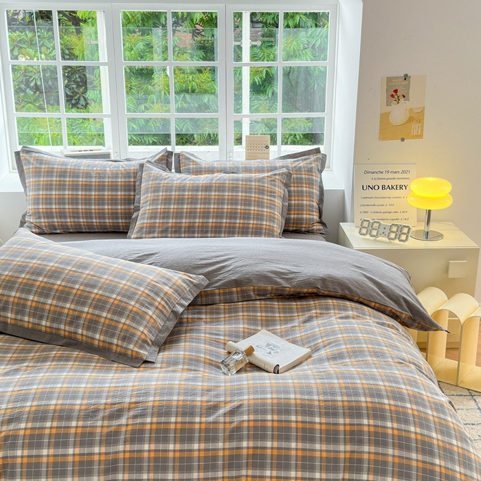 91家纺网 家纺一手货源 找家纺 宜家坊 2025新款A类全棉纯棉色织水洗棉宽边断角工艺四件套 可定制尺寸 小幸运-橙灰