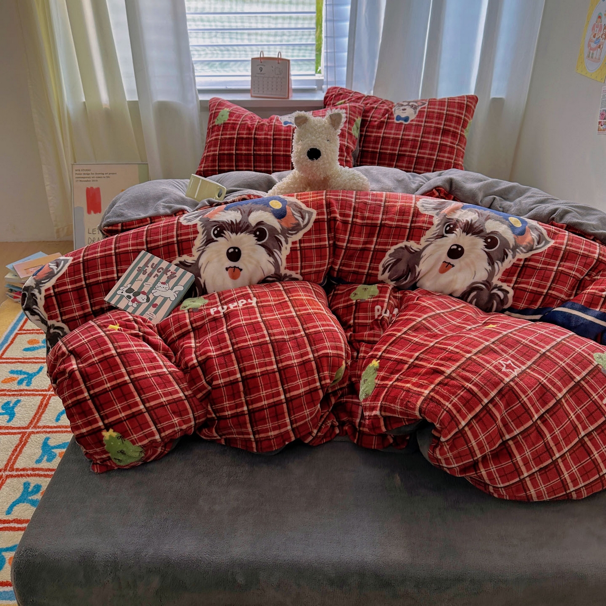 91家纺网 家纺一手货源 找家纺 繁花家居 2025新款200克牛奶绒小清新卡通复古风三件套四件套 红格西高地