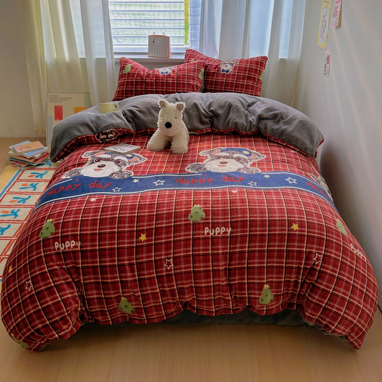 91家纺网 家纺一手货源 找家纺 繁花家居 2025新款200克牛奶绒小清新卡通复古风三件套四件套 红格西高地