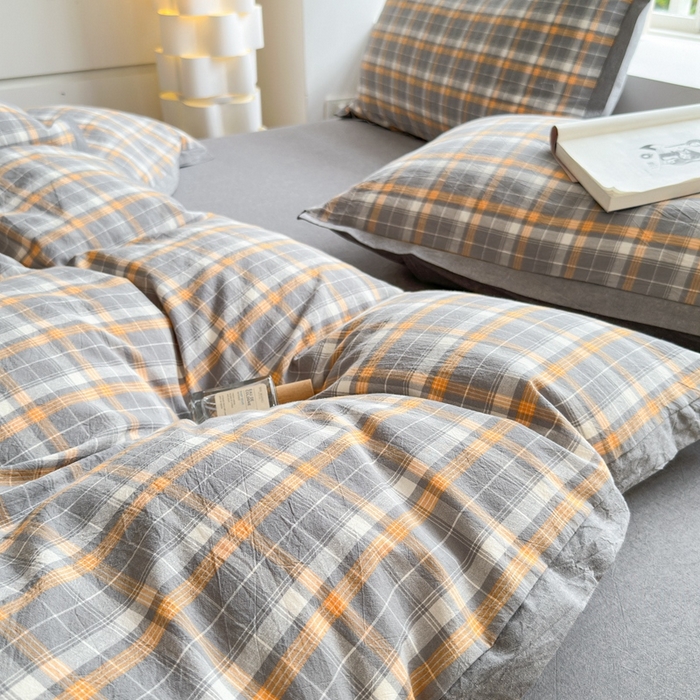 91家纺网 家纺一手货源 找家纺 宜家坊 2025新款A类全棉纯棉色织水洗棉宽边断角工艺四件套 可定制尺寸 小幸运-橙灰