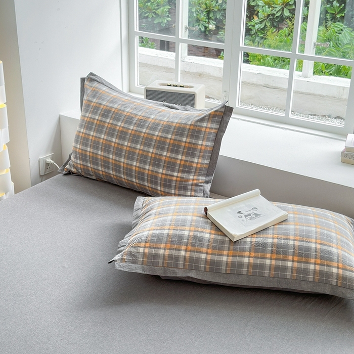 91家纺网 家纺一手货源 找家纺 宜家坊 2025新款A类全棉纯棉色织水洗棉宽边断角工艺四件套 可定制尺寸 小幸运-橙灰