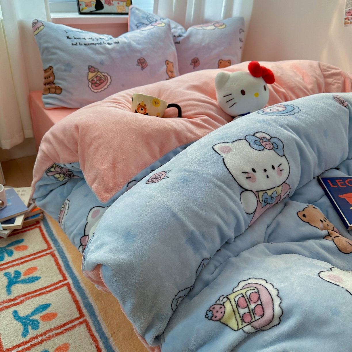 繁花家居 2025新款200克牛奶绒小清新卡通复古风三件套四件套 蝴蝶结kt