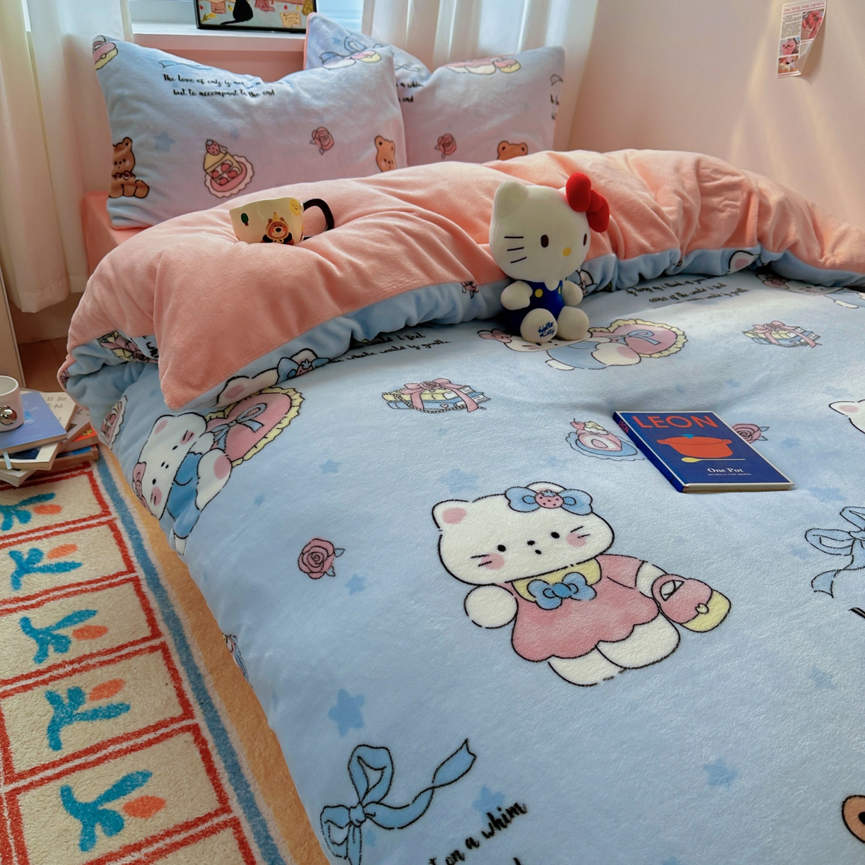 91家纺网 家纺一手货源 找家纺 繁花家居 2025新款200克牛奶绒小清新卡通复古风三件套四件套 蝴蝶结kt