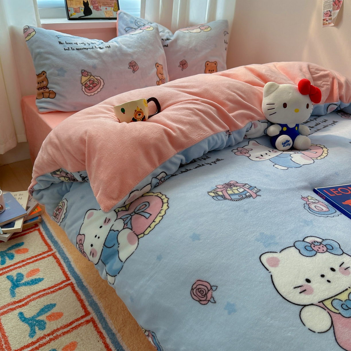 91家纺网 家纺一手货源 找家纺 繁花家居 2025新款200克牛奶绒小清新卡通复古风三件套四件套 蝴蝶结kt