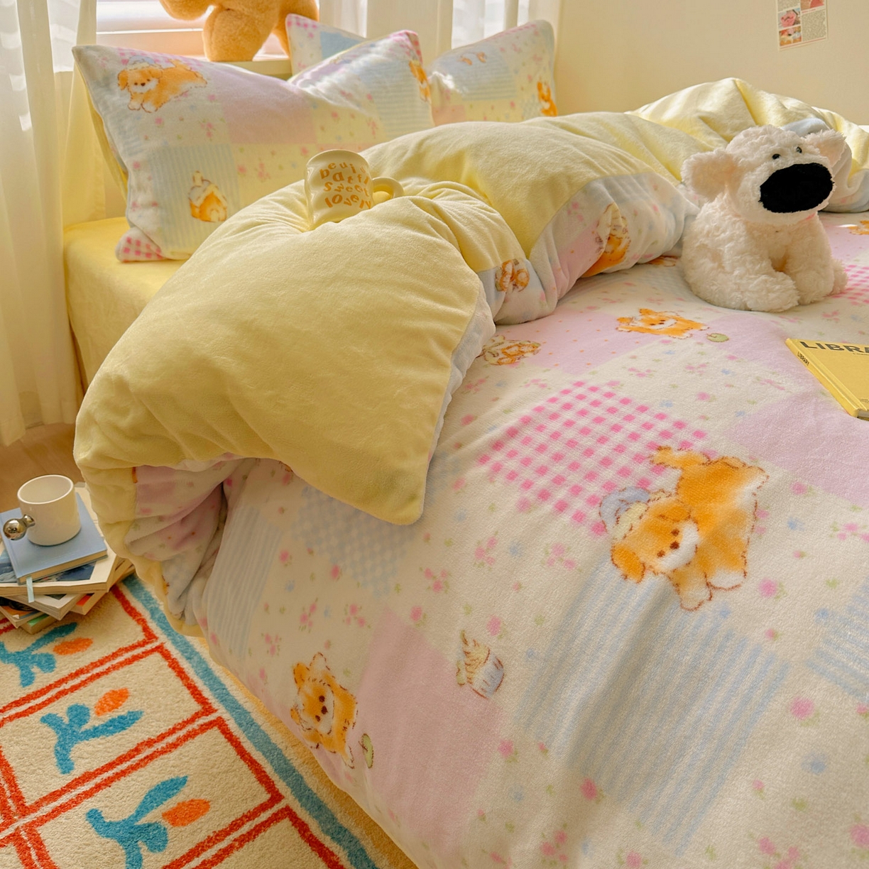 91家纺网 家纺一手货源 找家纺 繁花家居 2025新款200克牛奶绒小清新卡通复古风三件套四件套 小橘猫