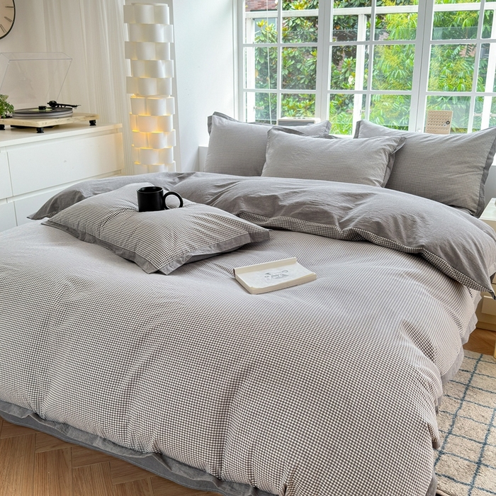 91家纺网 家纺一手货源 找家纺 宜家坊 2025新款A类全棉纯棉色织水洗棉宽边断角工艺四件套 可定制尺寸 爱的邂逅-灰