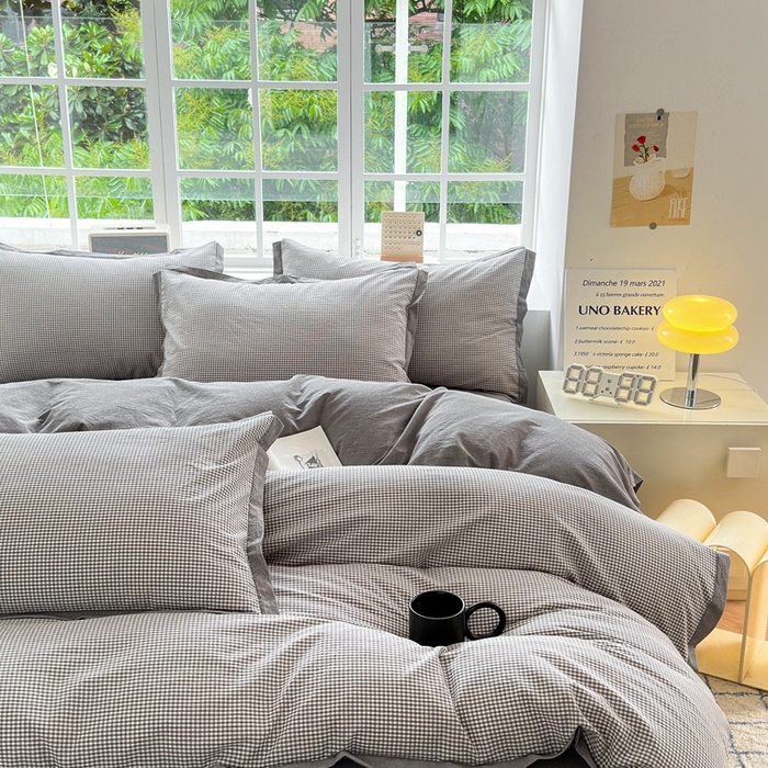 91家纺网 家纺一手货源 找家纺 宜家坊 2025新款A类全棉纯棉色织水洗棉宽边断角工艺四件套 可定制尺寸 爱的邂逅-灰