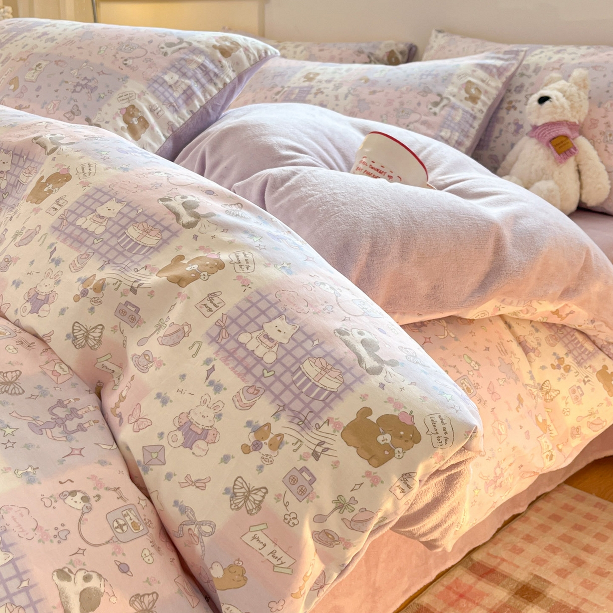 麦伦家居 2025秋冬新款多功能床品全棉+牛奶绒印花四件套 紫悦