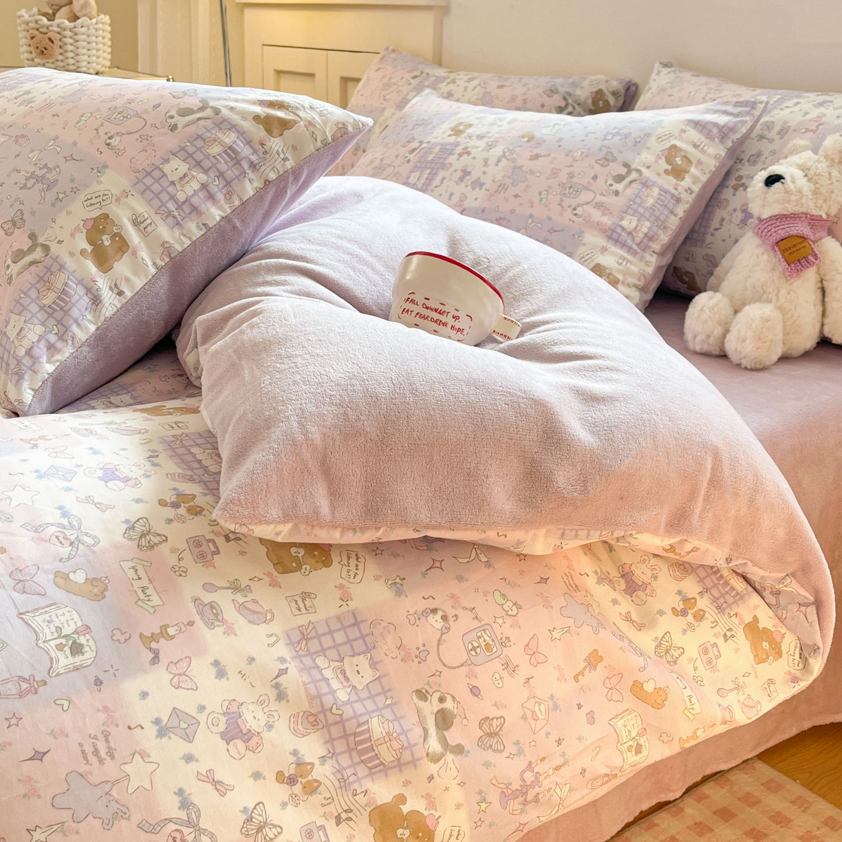 91家纺网 家纺一手货源 找家纺 麦伦家居 2025秋冬新款多功能床品全棉+牛奶绒印花四件套 紫悦