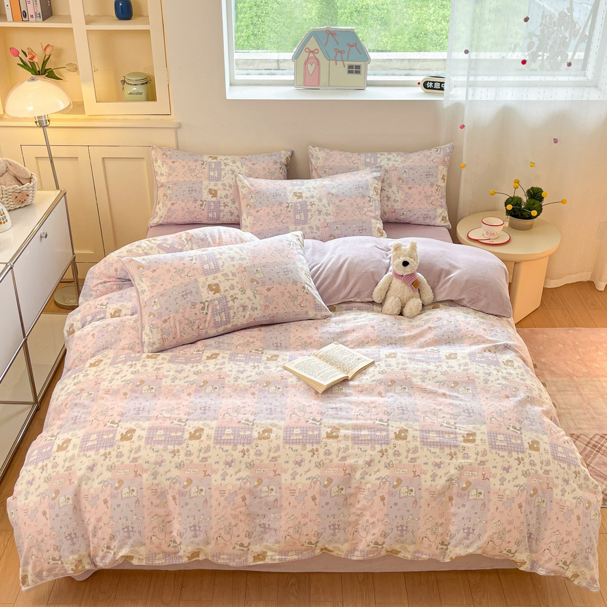 91家纺网 家纺一手货源 找家纺 麦伦家居 2025秋冬新款多功能床品全棉+牛奶绒印花四件套 紫悦